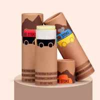 View: Kraft lip balm tubes with a printed illustration, one open showing the balm inside