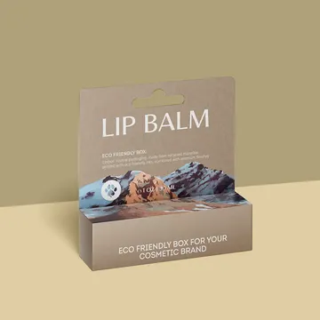 Kraft brown lip balm counter display box with a printed mountain scene