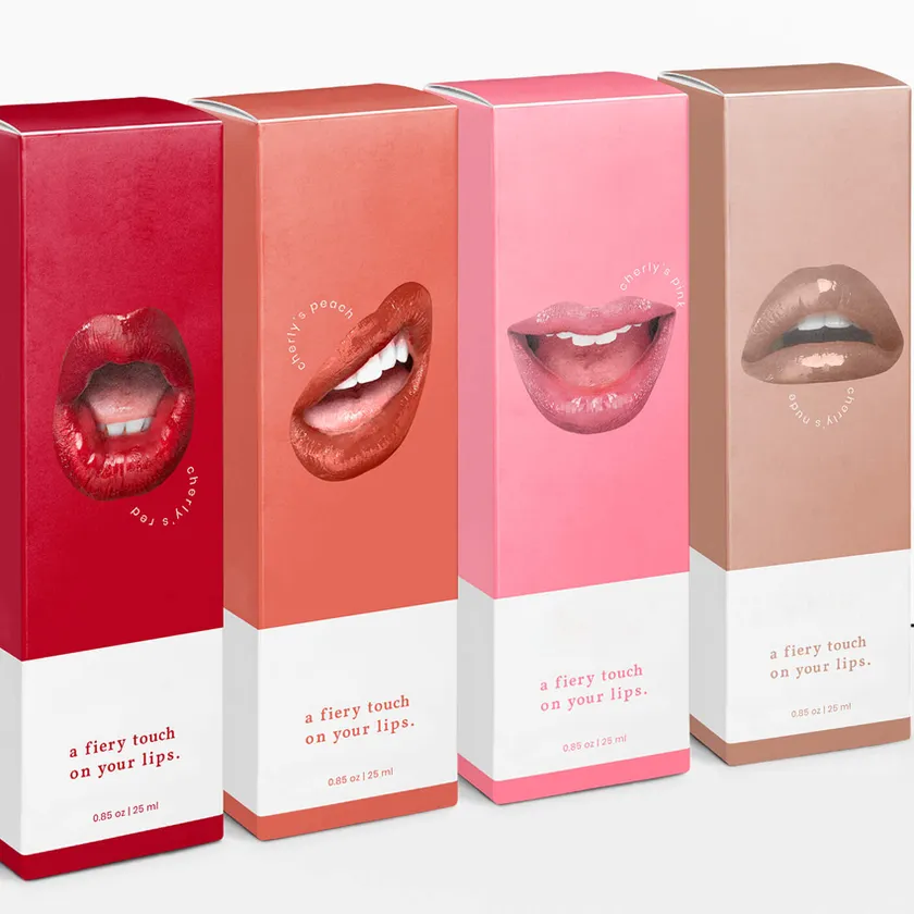 Four lip care cartons in red, coral, pink and nude printed with photographic lip artwork