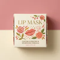 View: Cream lip mask box printed with roses and gold type, showing net contents on the front panel