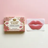 View: Small floral lip mask box beside a single sealed hydrogel lip patch in a clear sachet