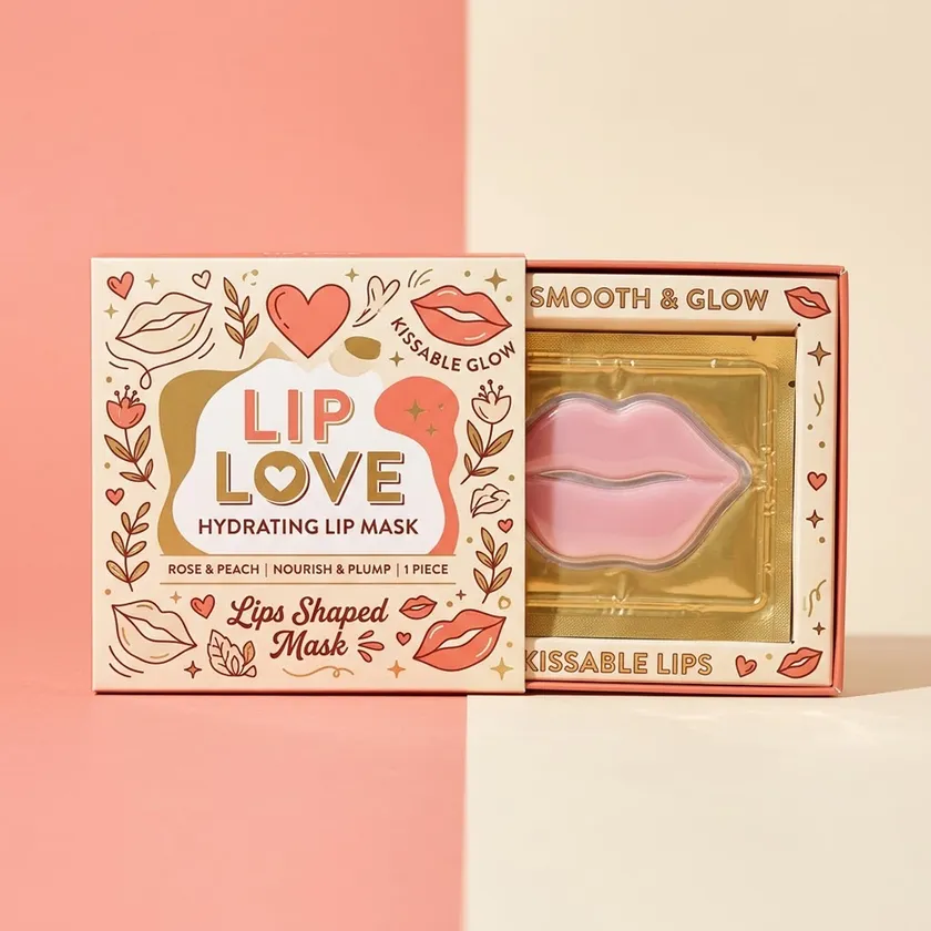 Lip mask box with a wide window showing a gold-backed lip patch on a peach background