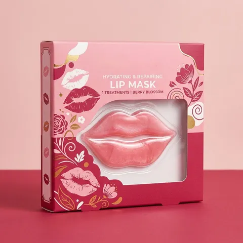 Pink and red lip mask box with a die-cut window revealing a lip-shaped hydrogel patch inside