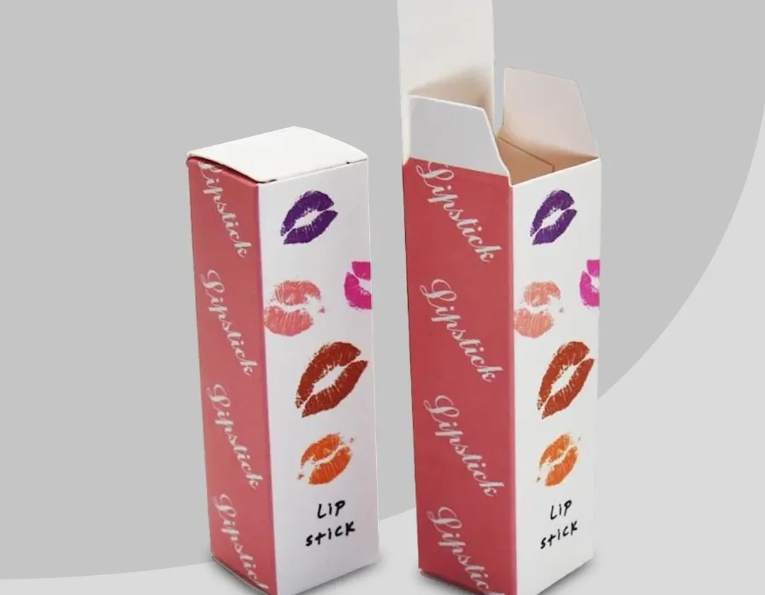 Two lipstick boxes, one shown open with the tuck flap and glue seam visible