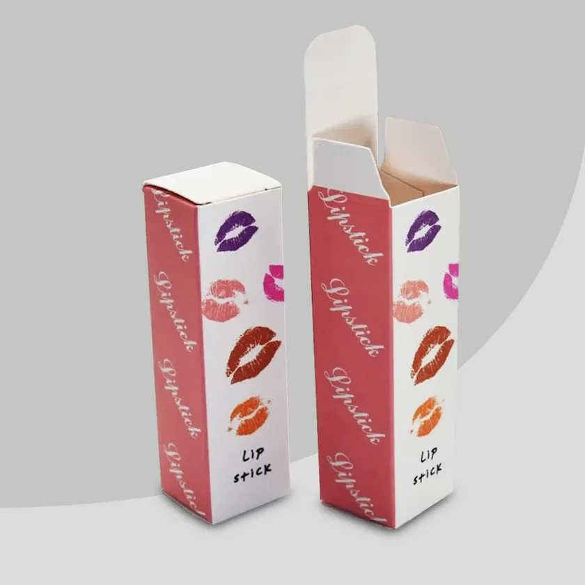 Two pink lipstick boxes printed with lip prints, one closed and one open showing the tuck flap inside