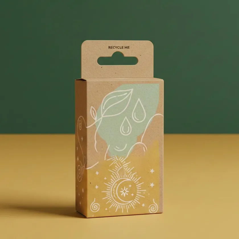 Kraft lip balm box with a printed recycle instruction beside the euro slot at the top of the panel