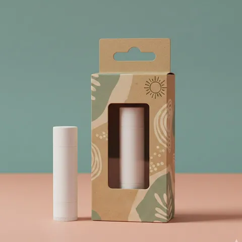 Kraft hang tab lip balm box with a euro slot and a rectangular window showing the white tube inside