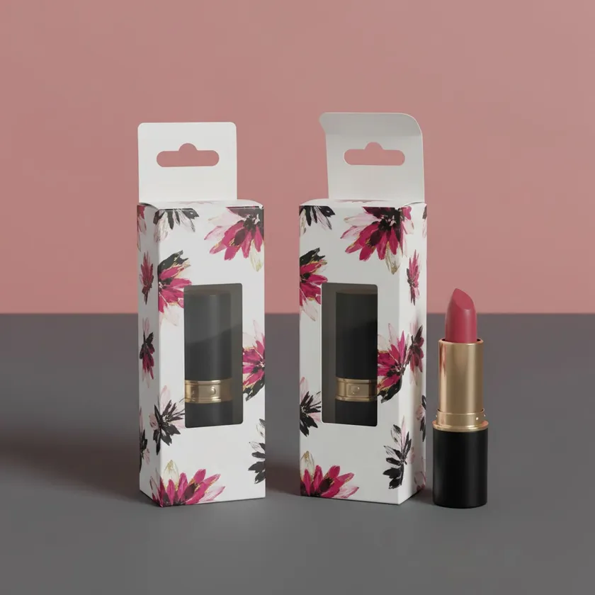 Two floral printed hang tab lipstick boxes with windows standing beside a black and gold lipstick