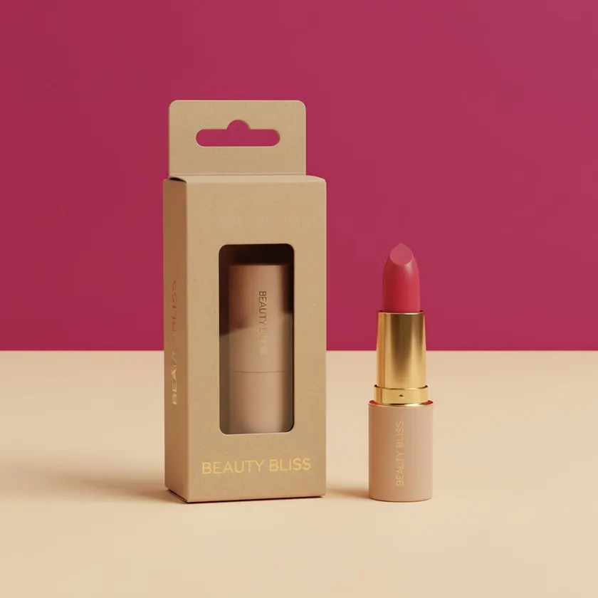 Kraft hang tab lipstick box with a hanging tab and a narrow window beside a nude lipstick