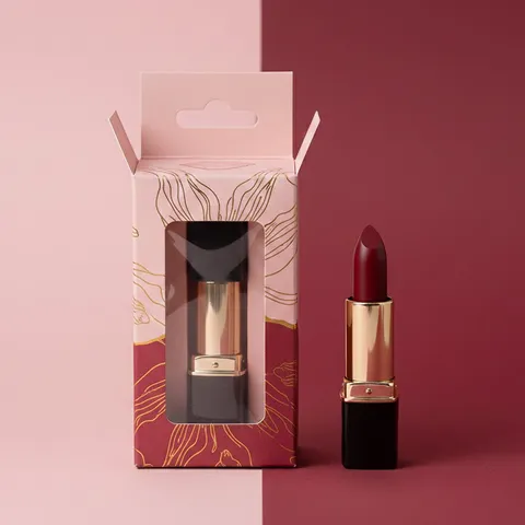 Pink and red hang tab lipstick box with a euro slot at the top and a window showing a gold lipstick inside