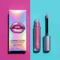 View: Holographic lip gloss box printed with metallic lips artwork on a pink and blue background