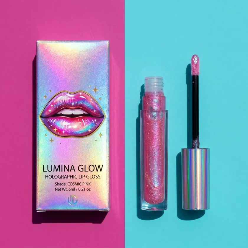 Holographic lip gloss box printed with metallic lips artwork on a pink and blue background