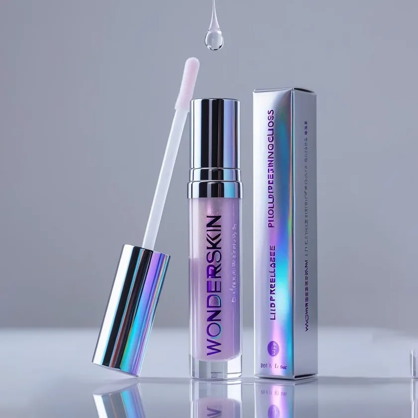 Silver mirror finish lip gloss box with reversed type beside a lilac gloss tube and its applicator