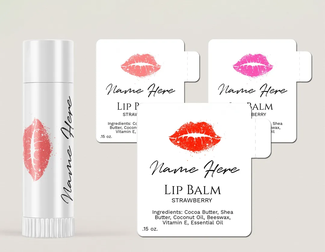 Three die-cut lip balm wrap labels with printed ingredient panels beside a blank lip balm tube