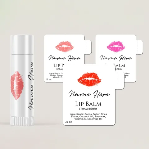 Three die-cut lip balm wrap labels with a lip print, beside a blank white lip balm tube