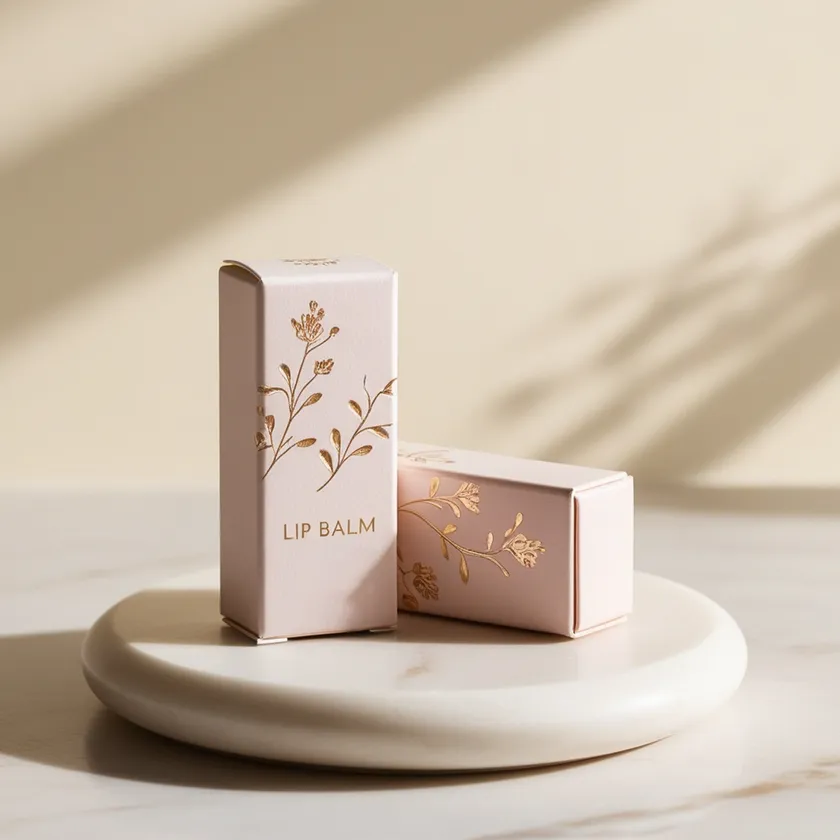 Two blush pink lip balm cartons with gold foil botanical artwork on a pale marble surface