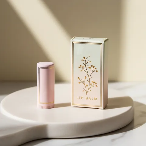 Foil-stamped cream lip balm carton standing beside a matching pink lip balm tube on marble