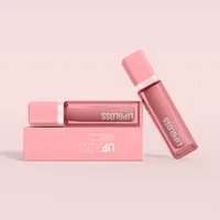 View: Two pale pink lip gloss boxes lying flat with two matching pink gloss tubes beside them