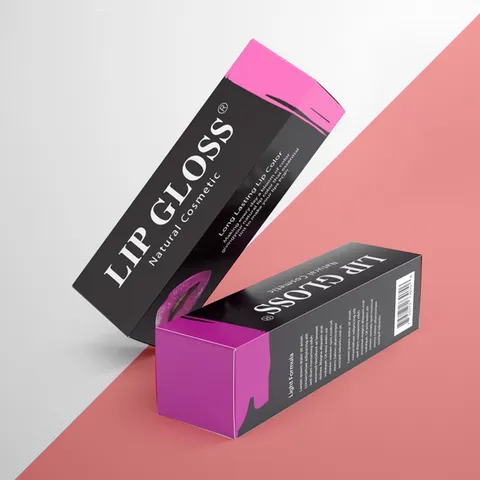 Black and magenta lip gloss box shown open and closed, printed with product copy on the side panel