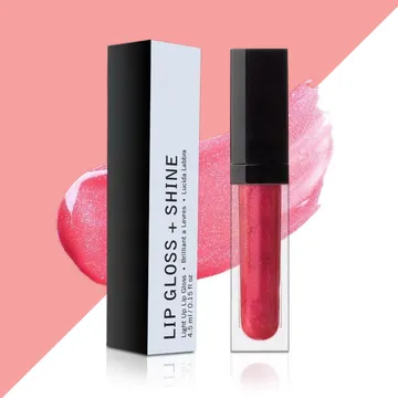 Tall slim lip gloss carton standing beside a clear gloss tube with a black cap