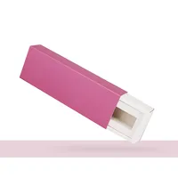 View: Pink rigid drawer box for lipstick half open, showing the white inner tray sliding out of the outer sleeve