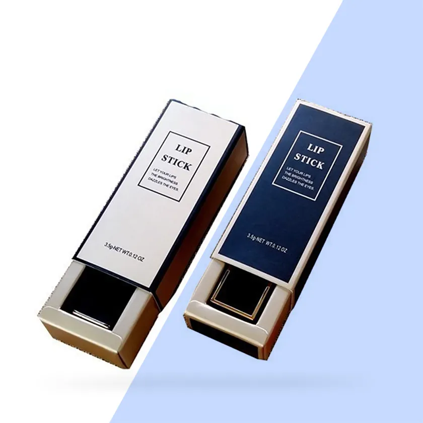 Two rigid lipstick boxes in white and navy with gold base sections and printed lipstick labels